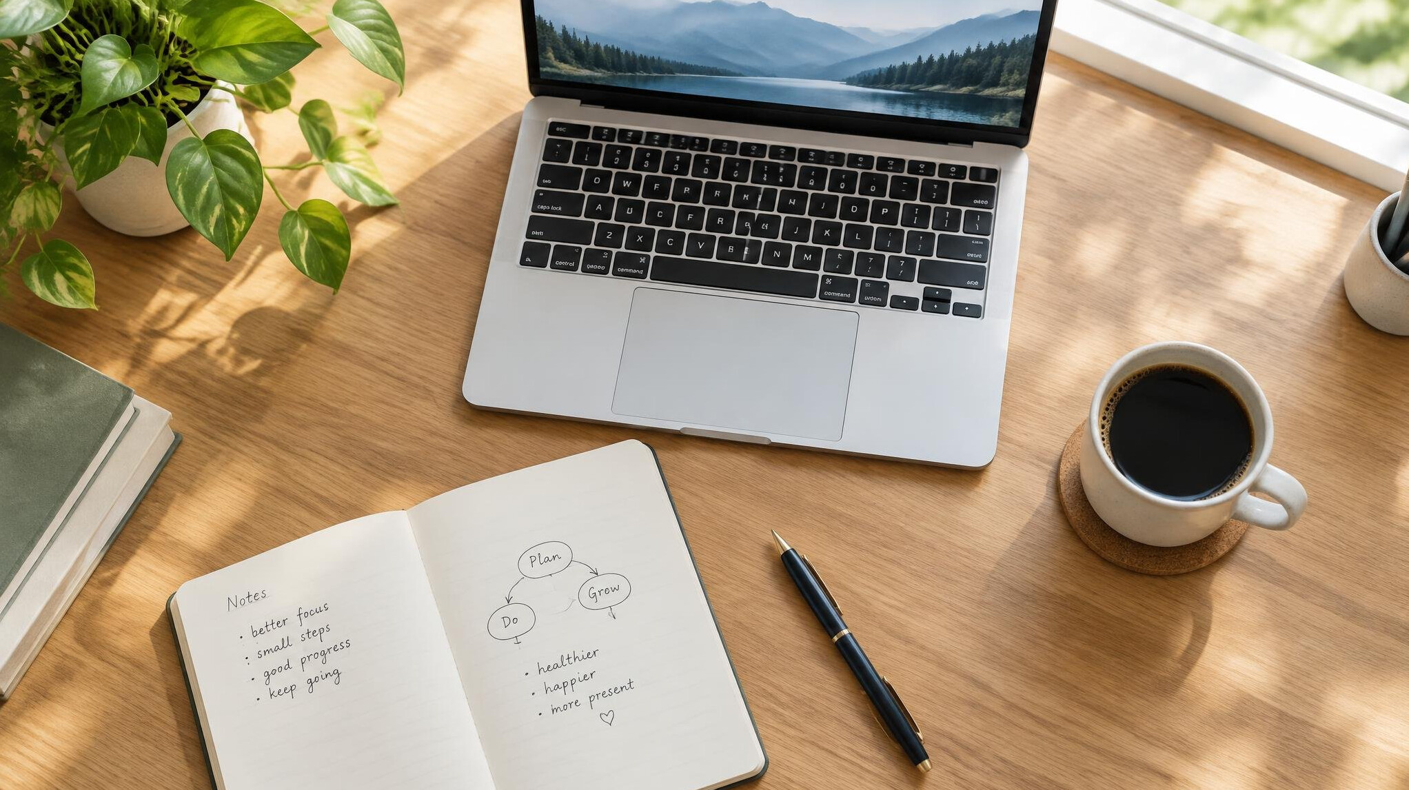 Desk with laptop, notebook and coffee cup in a bright workspace